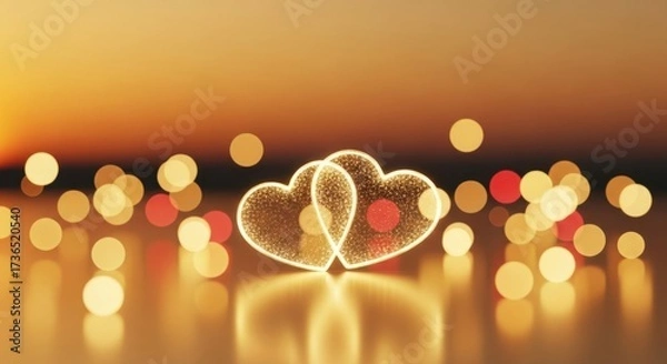 Fototapeta Two glowing intertwined hearts illuminated by warm bokeh lights creating a romantic ambiance
