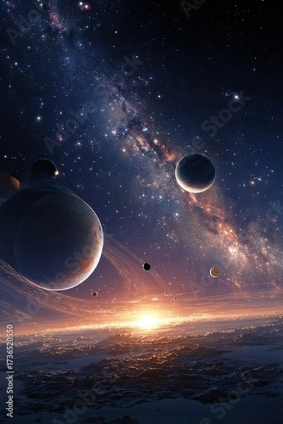 Fototapeta Fantasy cosmic scene with glowing galaxy starfield multiple planets rings and sunrise over alien horizon