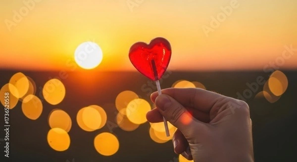 Fototapeta Hand holding a vibrant red heart shaped lollipop against a warm sunset with bokeh lights