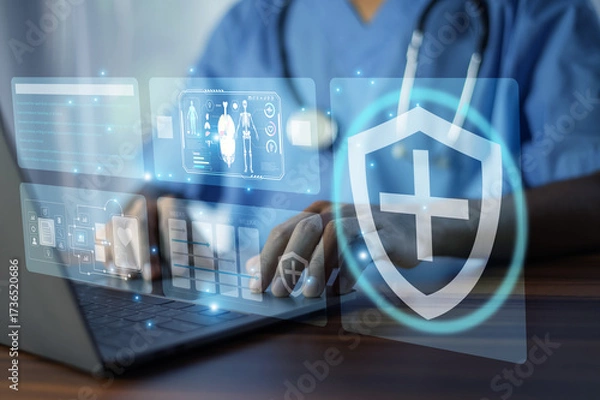 Fototapeta Doctor interacting with AI automation tools on a laptop to streamline clinical workflow and enhance decision-making in healthcare