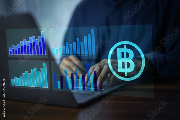 Fototapeta Bitcoin investment, Businessman analyzing cryptocurrency investment with blockchain technology and digital finance graphs for future trading growth and financial innovation.