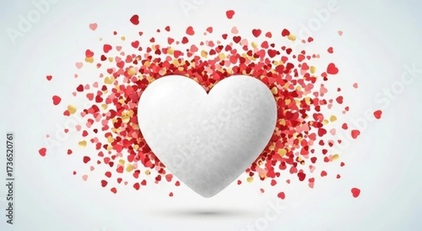 Fototapeta A large white heart floats amidst a vibrant explosion of colorful confetti and scattered petals