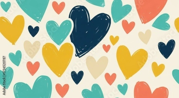 Fototapeta Vibrant assortment of hand drawn hearts in various colors and sizes creating a cheerful pattern