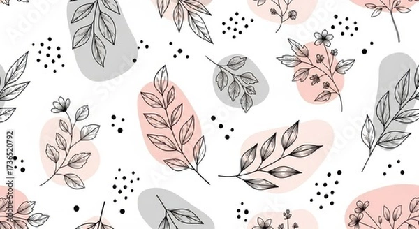 Fototapeta Abstract botanical sketch pattern with soft pastel shapes and delicate line art foliage
