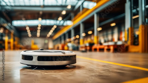 Fototapeta automated robotic vacuum cleaner performs daily routine cleaning in an industrial area. The use of automated systems in maintaining cleanliness in production