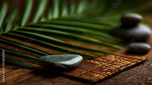 Fototapeta Stones in a spa salon against a background of palm leaves, stones as interior design details and warming acupuncture points on the body, an interior design idea for spa salons that promotes relaxation