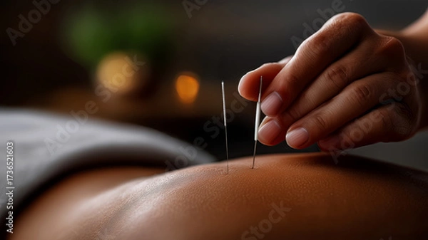Fototapeta acupuncturist inserts needles into man's body, fragment of therapy session, advertising spa salons therapeutic procedures clinics relaxation and treatment of clients, idea for poster and advertising