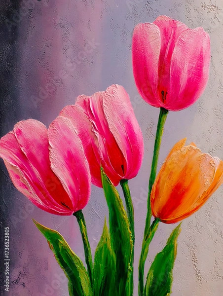 Fototapeta A realistic oil painting of a bouquet of tulips, with voluminous petals painted with a palette knife.