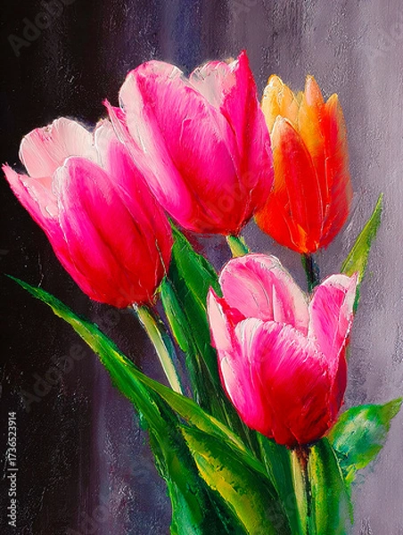 Fototapeta A realistic oil painting of a bouquet of tulips, with voluminous petals painted with a palette knife.