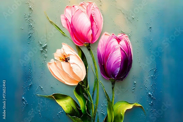 Fototapeta A realistic oil painting of a bouquet of tulips, with voluminous petals painted with a palette knife.