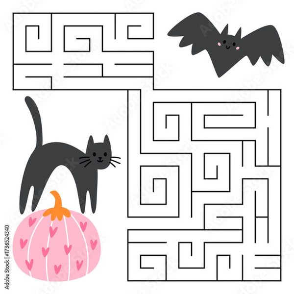 Fototapeta Halloween maze game for kids. Cute cat on a pumpkin looking for a way to the bat. Printable worksheet with solution for school and preschool. Vector cartoon illustration.