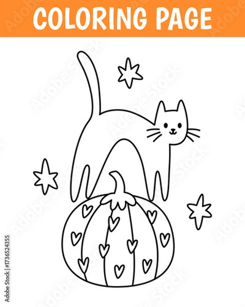 Fototapeta Halloween coloring page, cute print with line cat on a pumpkin. Printable worksheet with solution for school and preschool. Vector cartoon illustration.