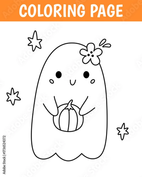 Fototapeta Halloween coloring page, cute print with line ghost with pumpkin. Printable worksheet with solution for school and preschool. Vector cartoon illustration.