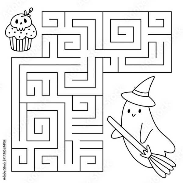 Fototapeta Halloween maze game for kids. Cute line ghost on a broom looking for a way to the cupcake. Printable worksheet with solution for school and preschool. Vector cartoon illustration.