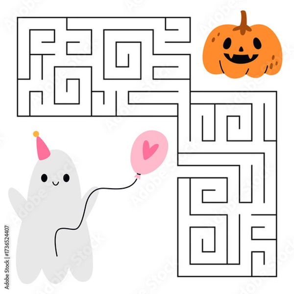 Fototapeta Halloween maze game for kids. Cute ghost with a balloon looking for a way to the pumpkin. Printable worksheet with solution for school and preschool. Vector cartoon illustration.
