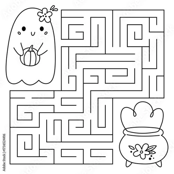 Fototapeta Halloween maze game for kids. Cute line ghost with pumpkin looking for a way to the magic pot. Printable worksheet with solution for school and preschool. Vector cartoon illustration.