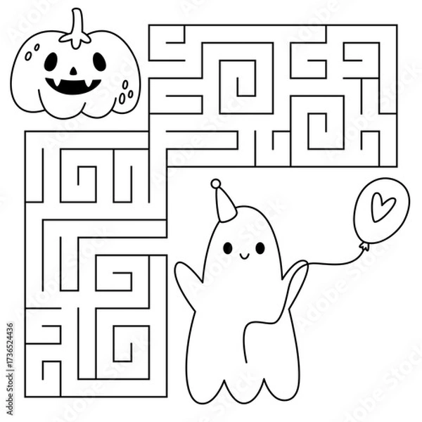 Fototapeta Halloween maze game for kids. Cute line ghost with a balloon looking for a way to the pumpkin. Printable worksheet with solution for school and preschool. Vector cartoon illustration.
