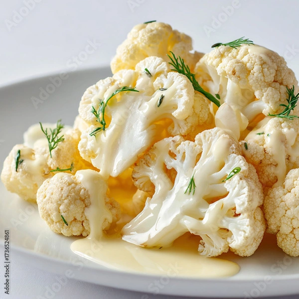 Fototapeta Cauliflower florets drizzled with creamy dressing on a white plate during a casual meal