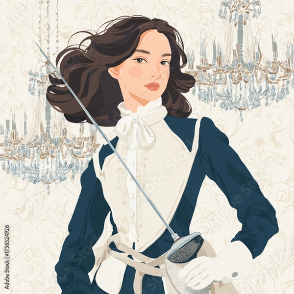 Fototapeta Fencing champion poised with sword in elegant indoor setting under sparkling chandeliers