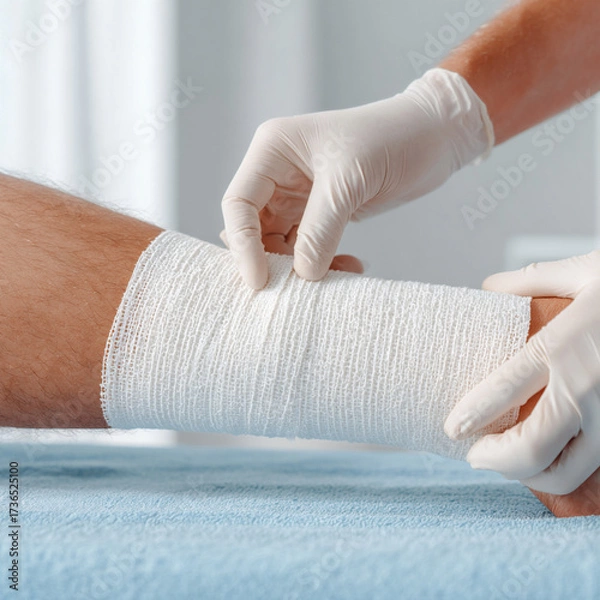 Fototapeta Caring for a wound with a bandage during a medical procedure in a clean clinic setting