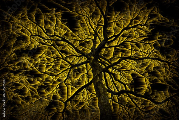 Fototapeta A scary halloween tree silhouette with vignette in black and yellow
