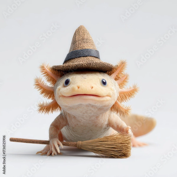 Fototapeta Cute Axolotl in Witch Hat with Tiny Broom – Funny Halloween Costume Animal in Minimalist Studio