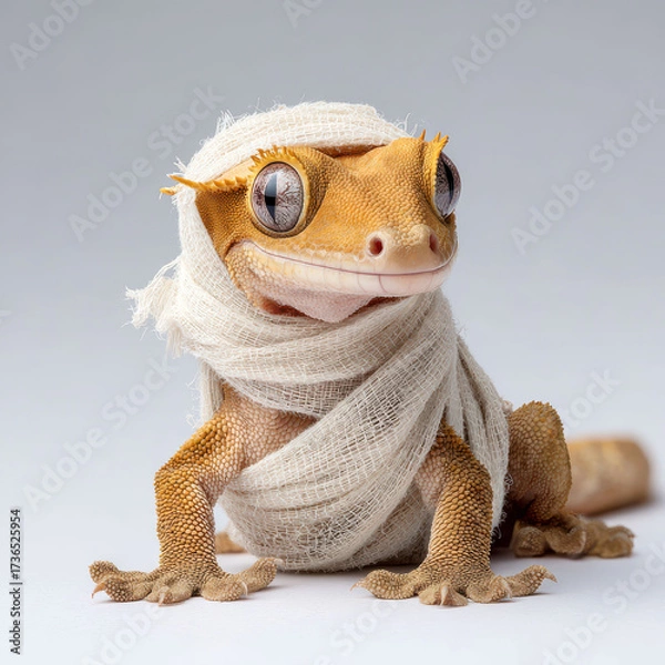 Fototapeta Crested Gecko in Mummy Wrap – Halloween Lizard in Creative Reptile Costume
