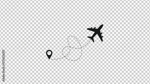 Fototapeta Generate a minimalist vector graphic in a clean, flat design style, featuring a stark black airplane silhouette positioned at the upper right corner, angled as if in flight. A dashed black line, repre