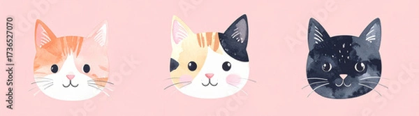 Fototapeta Cute cat faces, panoramic banner with happy, smiling kitty faces isolated on pink background, banner for kids or cat or pet owners website, landing page or newsletter