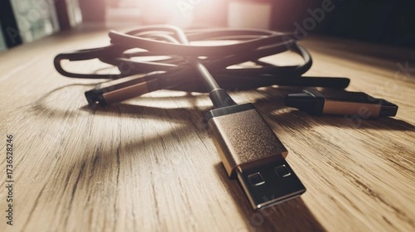 Fototapeta Closeup of usb cables on light brown wooden surface