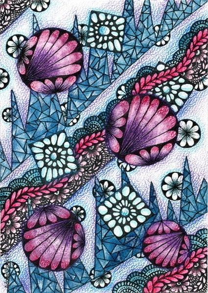 Fototapeta The illustration is executed in an abstract, decorative style reminiscent of Zentangle and surrealism. It features large purple-pink shells with radial lines, against a background of blue shapes.