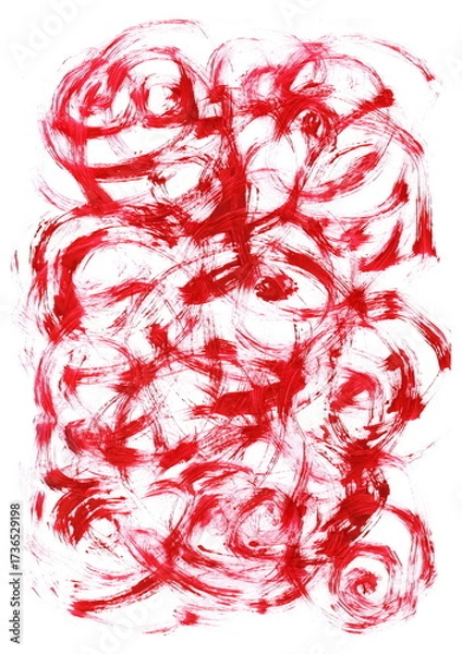Fototapeta An expressive abstraction painted in red on a white background. Dynamic brushstrokes create a multitude of swirling and spiraling shapes, reminiscent of a chaotic flow of emotions or energies. 