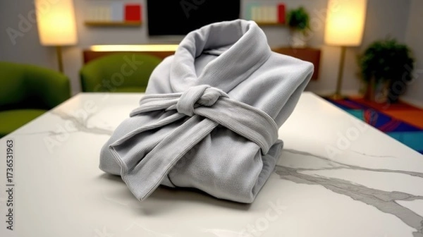 Fototapeta Folded light gray bathrobe on table