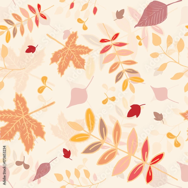 Obraz Autumn leaves seamless pattern with yellow background.