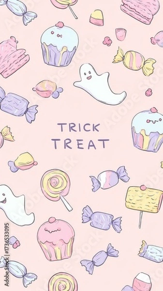 Fototapeta Playful Pastel Illustration Featuring Ghosts And Sweets With Trick Treat Text