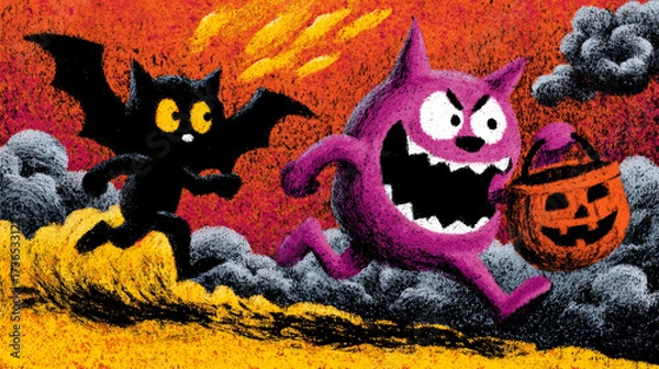 Fototapeta Playful Purple Creature Running With Halloween Candy Bucket Being Chased By A Happy Bat In Vibrant Orange Background