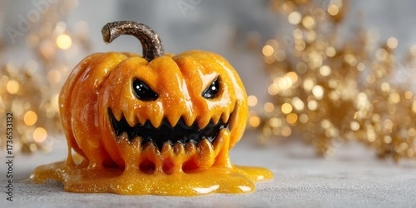 Fototapeta Quirky Smiling Pumpkin Monster With Tiny Fangs Dripping Goo Set Against A Glittery Background