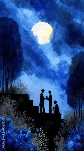 Fototapeta Shadowy Figures Exchanging Treats Under a Luminous Moon in a Tranquil Nighttime Setting