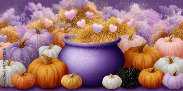 Fototapeta Soft Purple Cauldron Surrounded by Colorful Pumpkins and Sparkling Hearts in a Whimsical Autumn Setting