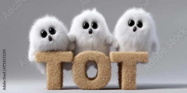 Fototapeta Three Fluffy Ghost Figures Playfully Peeking from Behind Block Letters Forming the Word 'TOT'