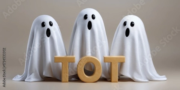 Fototapeta Three Playful Tiny Ghosts Peeking Out from Behind Wooden Block Letters Spelling 'TOT' on Neutral Background