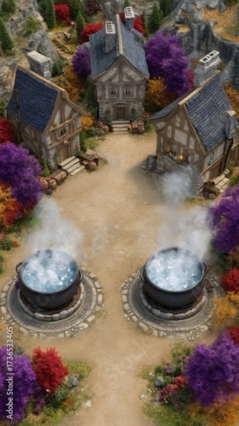 Fototapeta Vibrant Village Square Featuring Bubbling Cauldrons Surrounded by Colorful Trees and Charming Houses