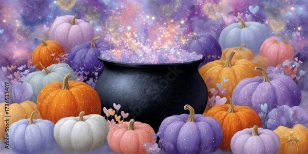 Fototapeta Whimsical Cauldron Surrounded by Pastel Pumpkins Emitting Sparkles and Hearts in a Magical Atmosphere