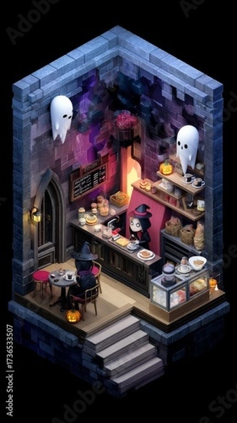 Fototapeta Whimsical Isometric Halloween Cafe Featuring Ghost Customers and Witches Behind the Counter