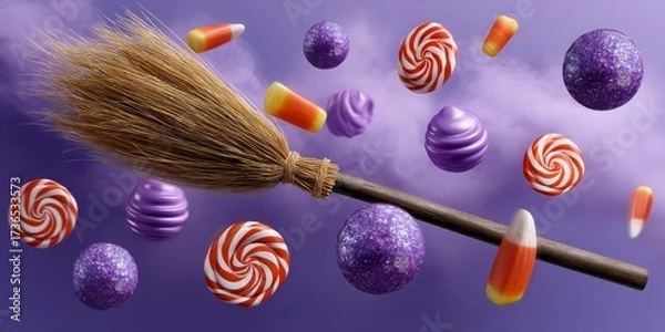 Fototapeta Whimsical Witch's Broom Surrounded by Colorful Candy Falling from Sky in a Magical Scene