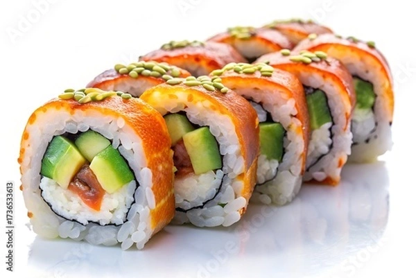 Fototapeta Delicious salmon avocado sushi rolls arranged in a row on a white background