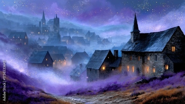 Fototapeta Witch Village at Twilight with Magical Fireflies Illuminating the Misty Landscape