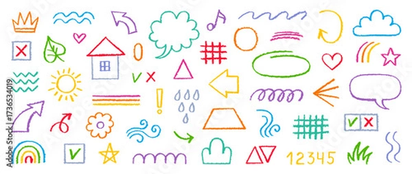Fototapeta Crayon pencil kid line color element. Hand drawn brush shape. Doodle vector with chalk, crayon, pen, brush texture. Pastel color kid background with scribble arrow, heart, house, cloud, flower icon bg