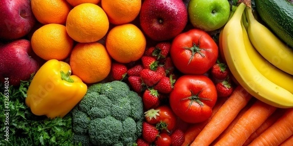Obraz An overhead shot of a colorful assortment of fresh fruits and vegetables arranged together closely