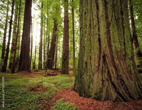 Fototapeta Green Covered Sorrel Redwood Forest, Grieg-French-Bell Grove, Redwood National and State Parks, California